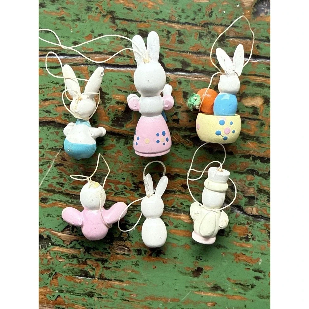 6 Vintage Miniature‎ Wooden Wood Easter Bunny Ducks Christmas Tree Ornaments